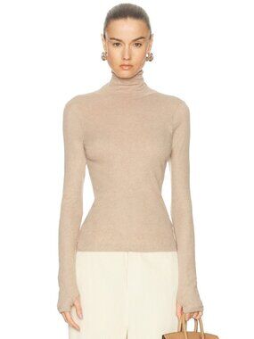 Enza Costa Cashmere Jersey New Classic Turtleneck Sweater in Khaki